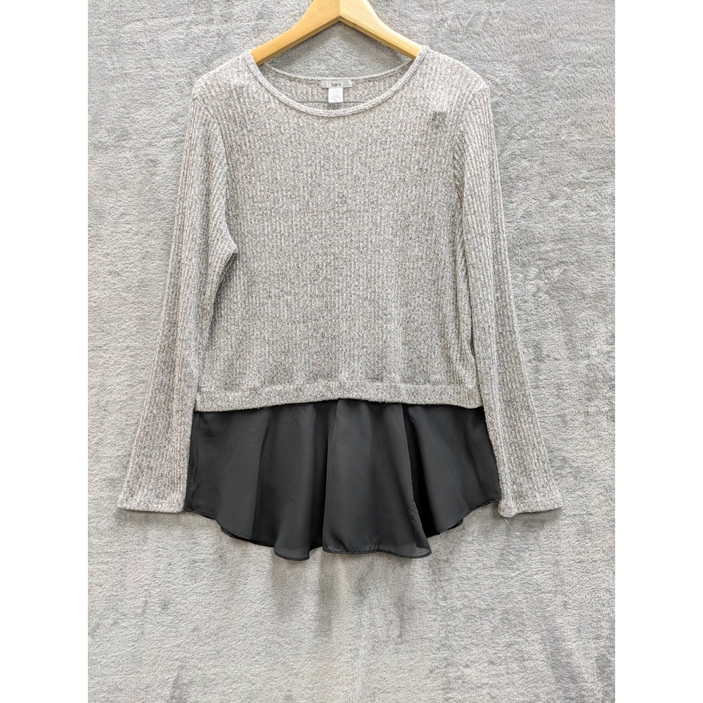 Minimalist Peplum Top Womens XL Grey Ribbed Knit Chiffon Hem Bar III